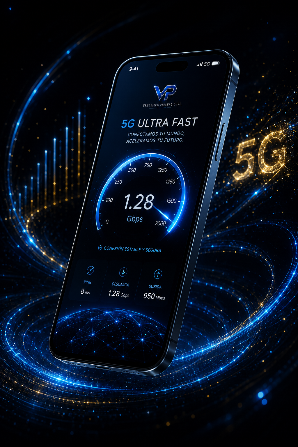 VP 5G Ultra Fast mobile speed test showing 1.28 Gbps download