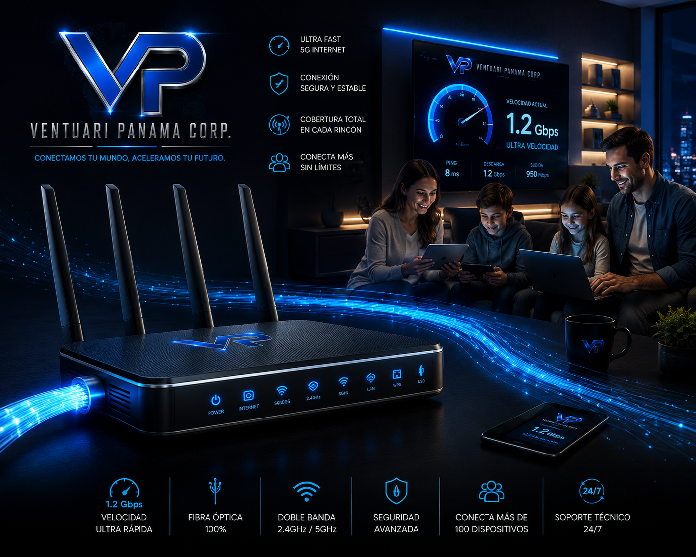 VP ultra-fast fiber router delivering 1.2 Gbps internet to a connected family